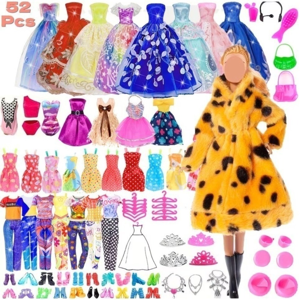 60 Piece Set Fashion Doll Clothing Barbie Style Outfits Accessories Dress Up Lot